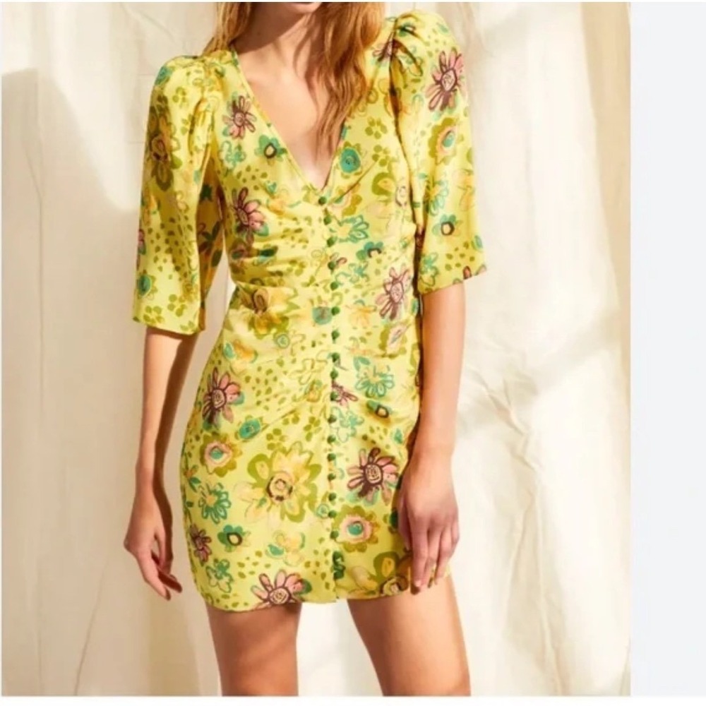 Le Fou Wilfred Womens Yellow Floral Silk Ruched Mini Dress Puff Sleeve Size 10